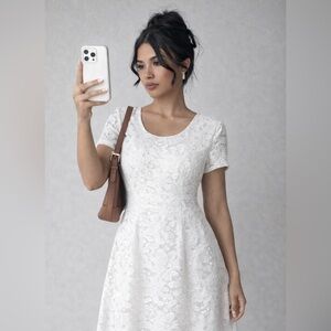 Connected Apparel White flower Lace Fit & Flare short sleeve Dress 10